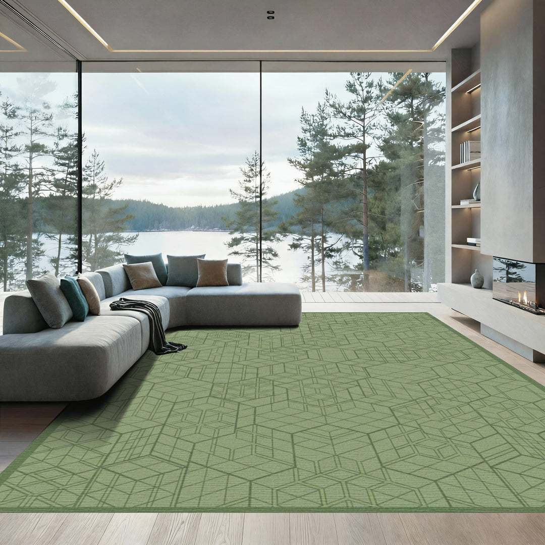 Muted Green Geometric Cube Tessellation Rug