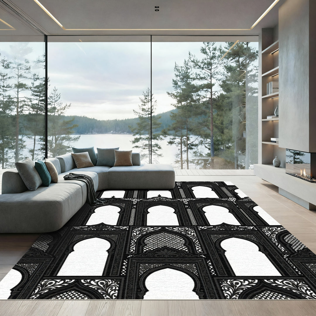 Ornate Black Archway Garden Motif Rug