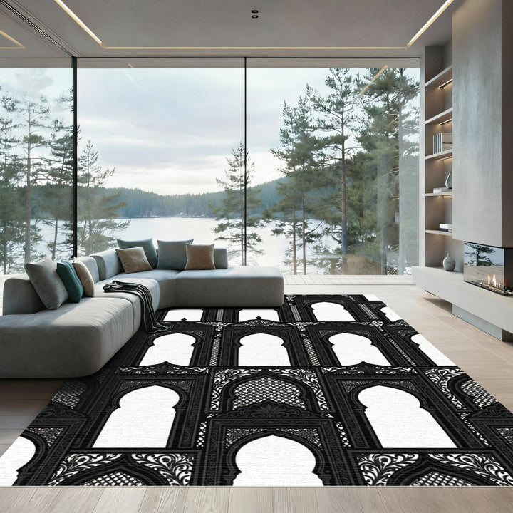Ornate Black Archway Garden Motif Rug