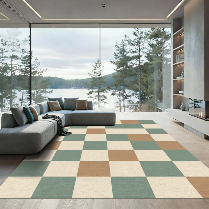 Retro Checkerboard Green Tan Rug