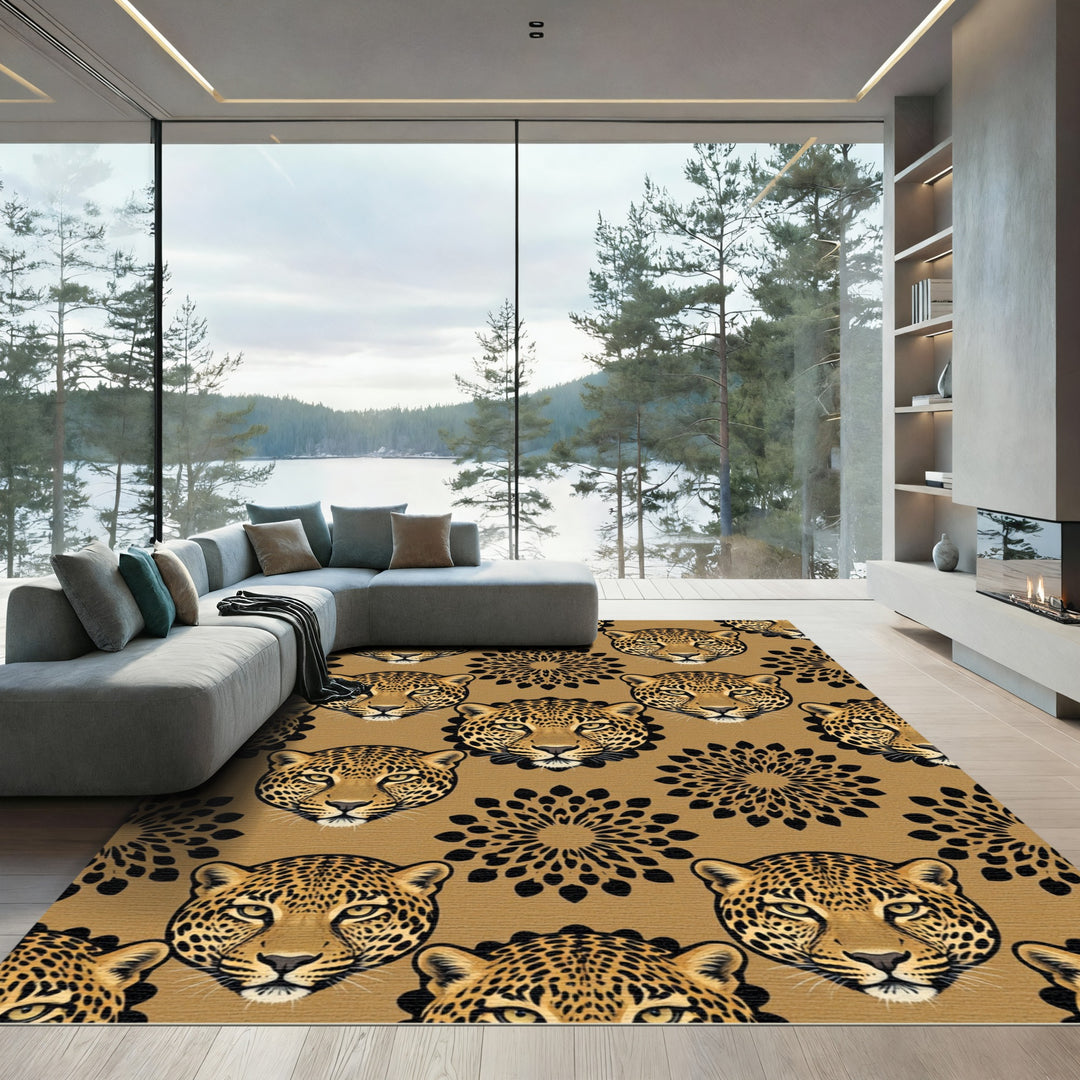 Golden Leopard Floral Medallion Rug