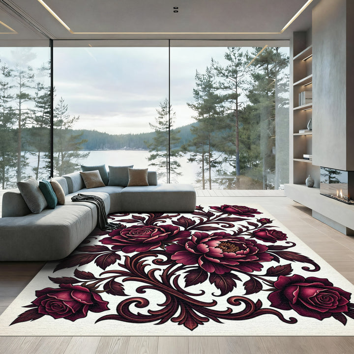 Ornate Burgundy Rose Floral Scroll Rug
