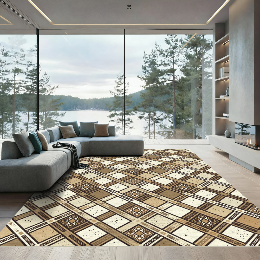 Rustic Beige Geometric Plaid Rug