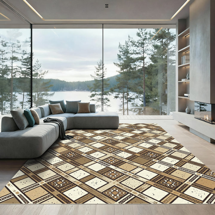 Rustic Beige Geometric Plaid Rug