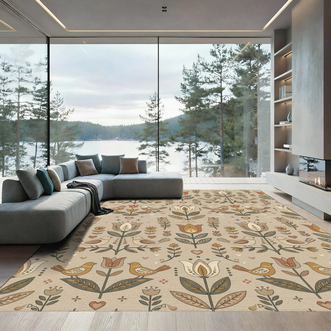 Earthy Tone Birds and Tulips Rug
