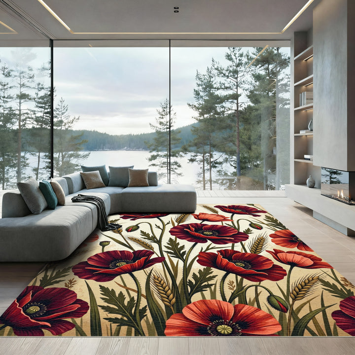 Crimson Poppy Wheat Field Meadow Rug