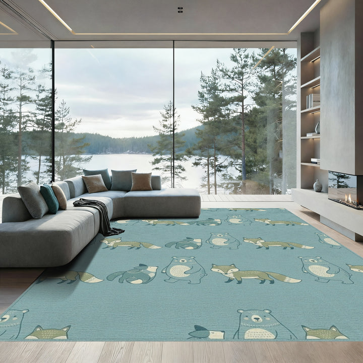 Blue Forest Friends Bear Fox Repeat Rug
