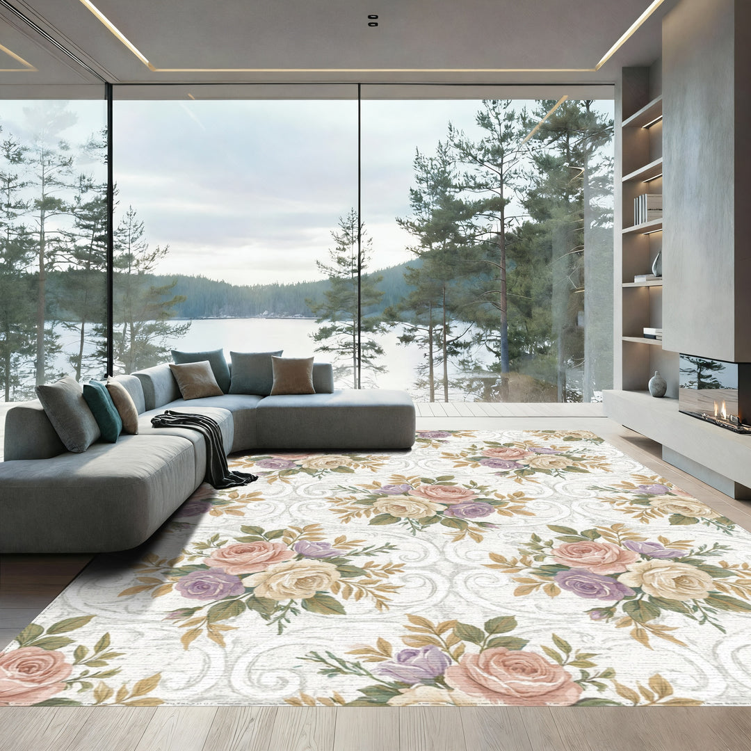 Vintage Rose Garden Scroll Work Rug