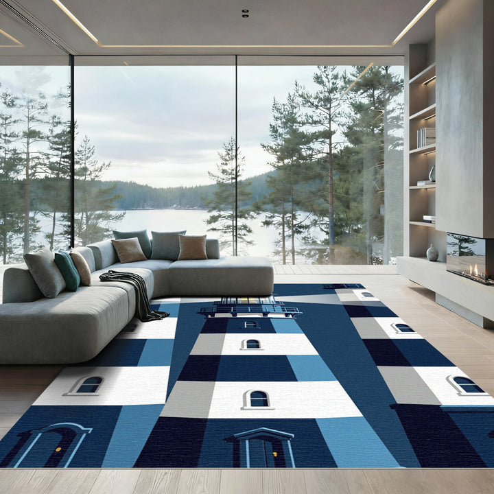 Coastal Blue Striped Lighthouse Composition Rug