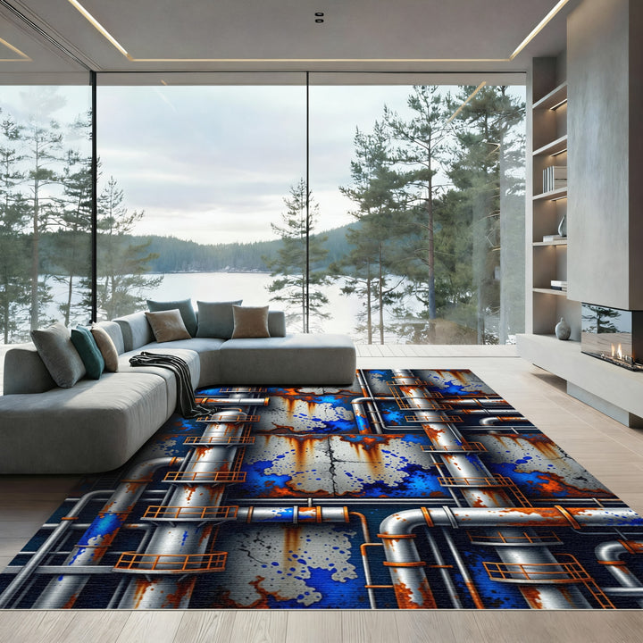 Industrial Blue Rusted Pipes Collage Rug