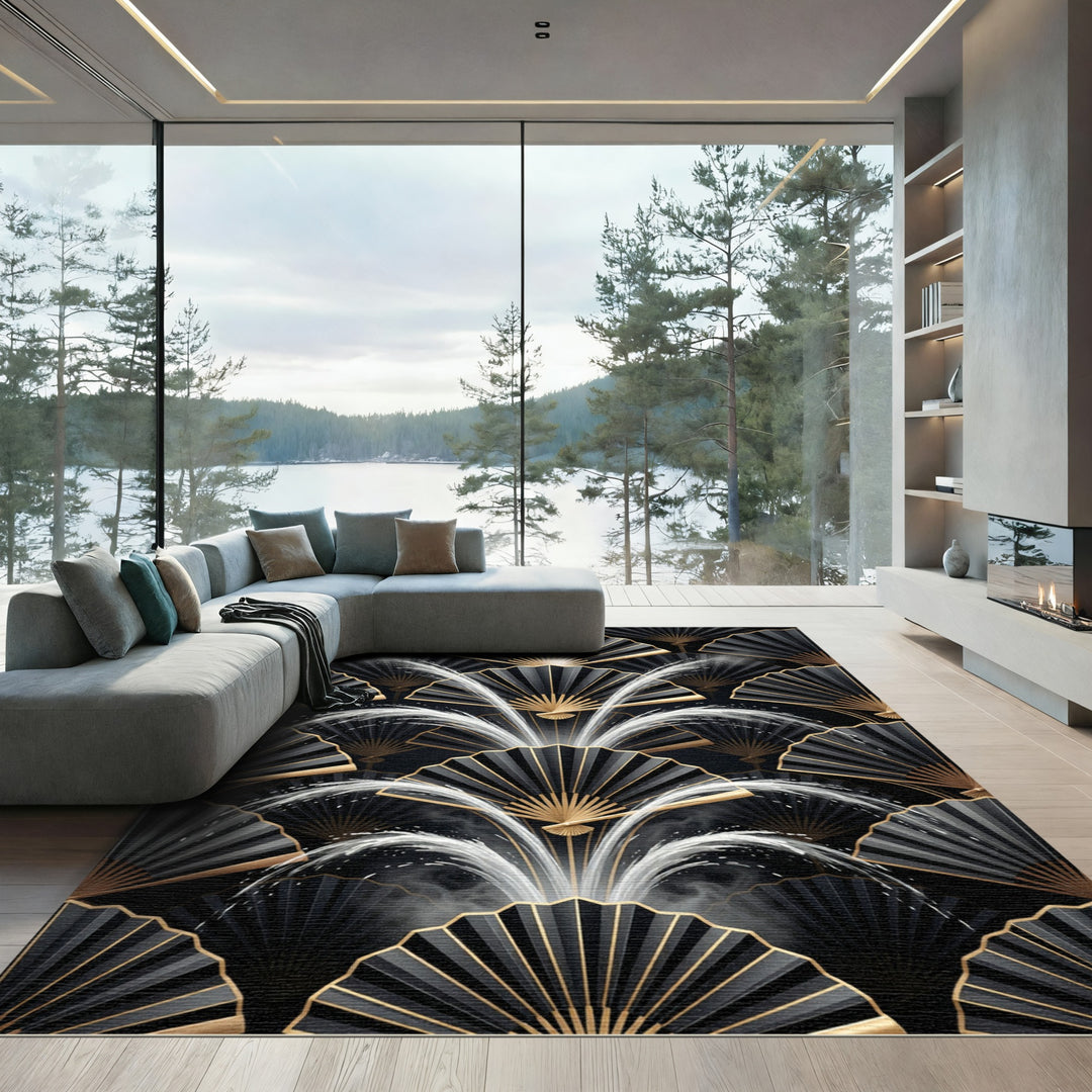 Black Gold Art Deco Fan Motif Rug