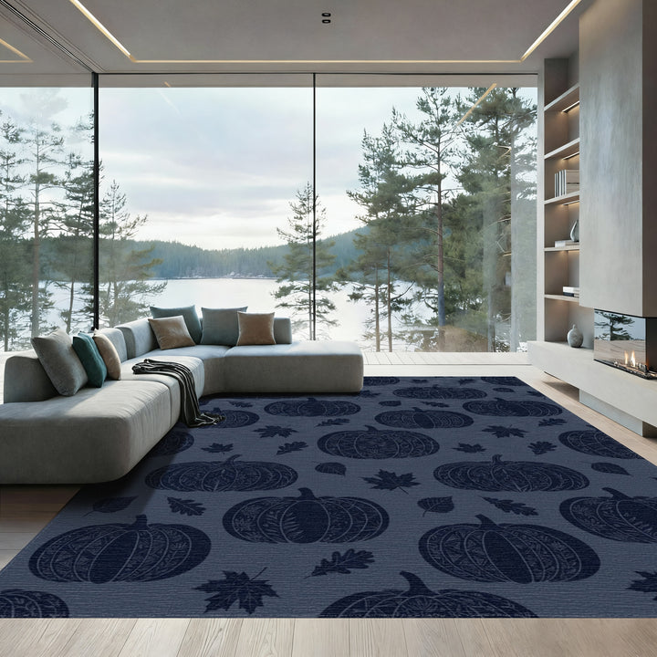 Midnight Blue Pumpkin Autumn Leaves Rug