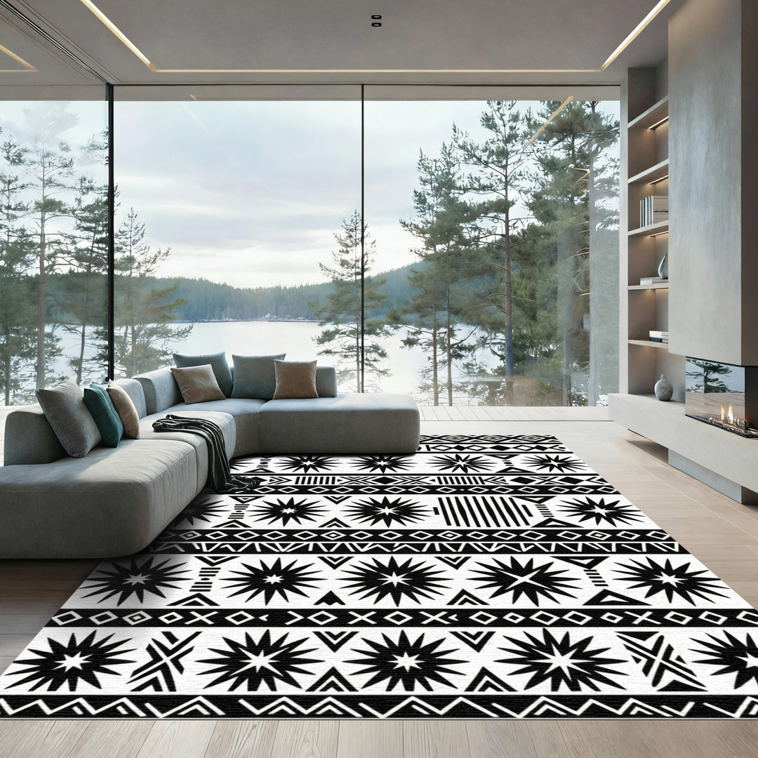 Tribal Black White Sunburst Geometric Rug