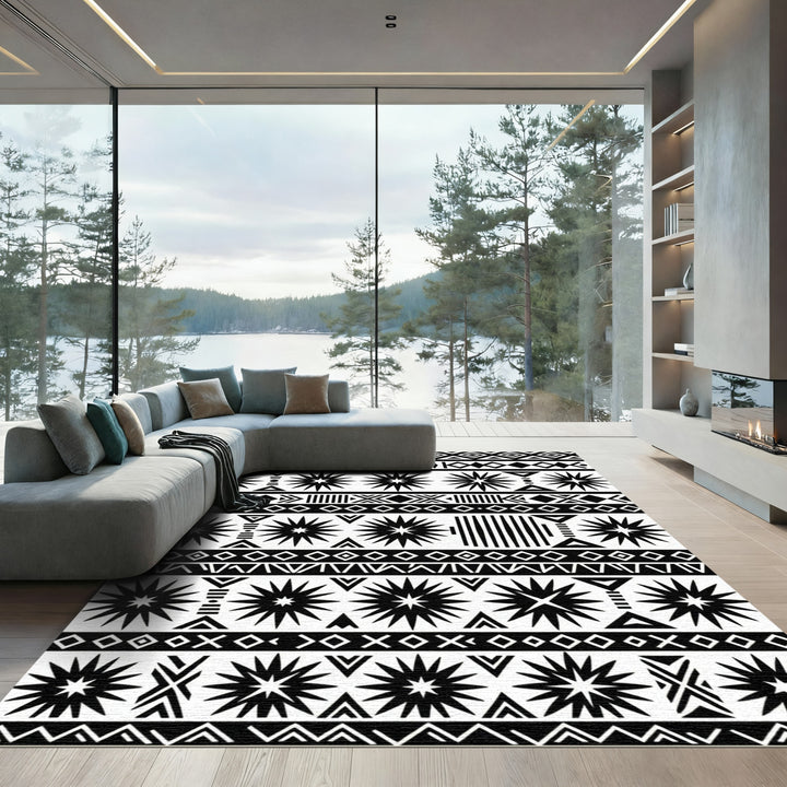 Tribal Black White Sunburst Geometric Rug