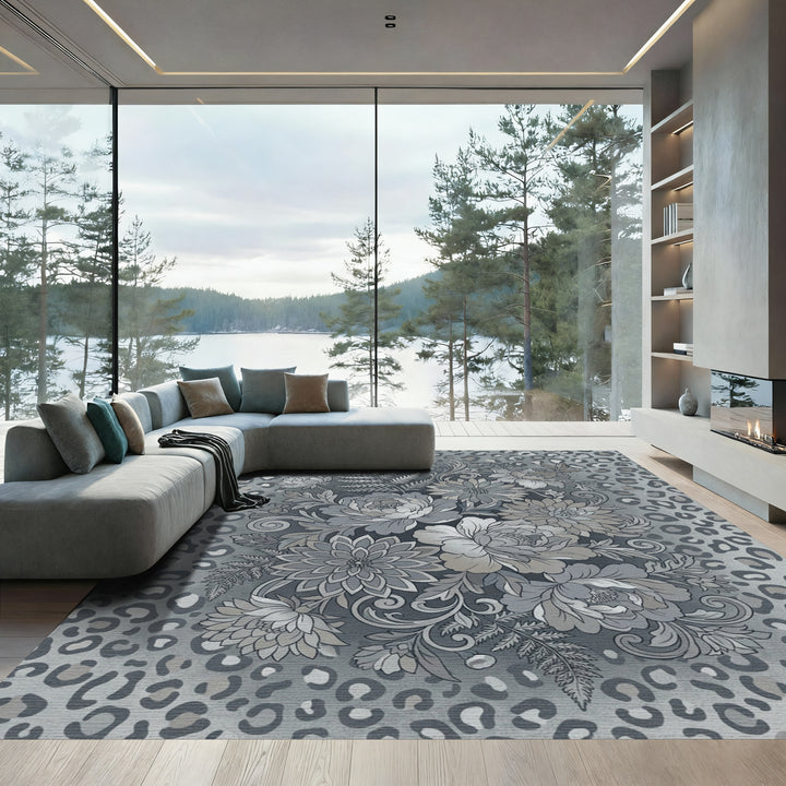 Chic Gray Floral Leopard Medley Rug