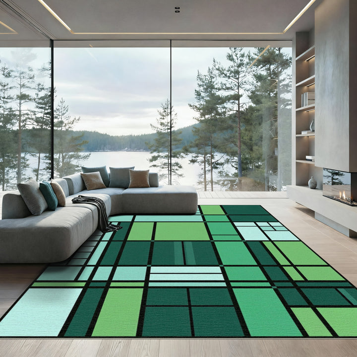 Teal Green Geometric Grid Composition Rug