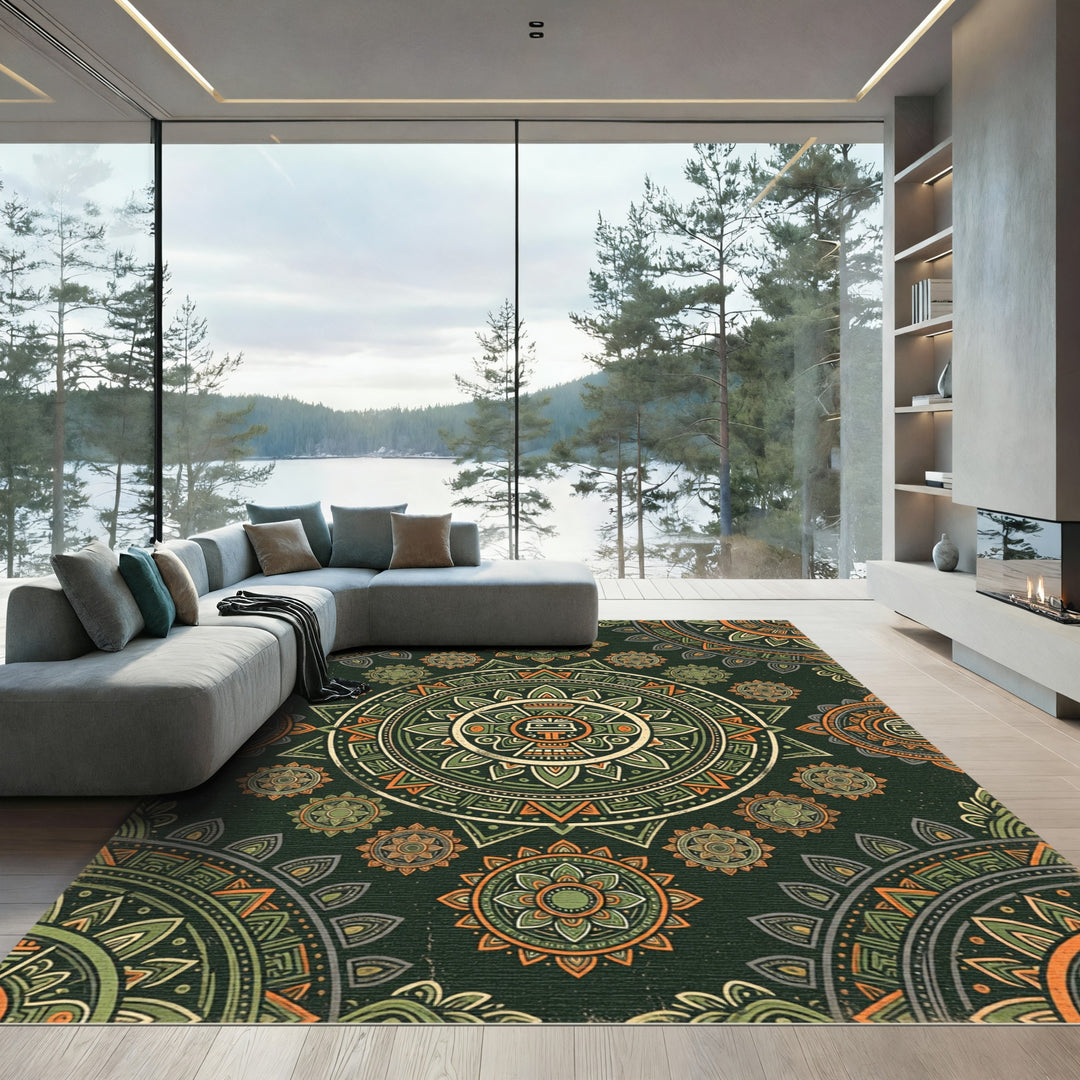 Ancient Sun Mandala Green Orange Rug