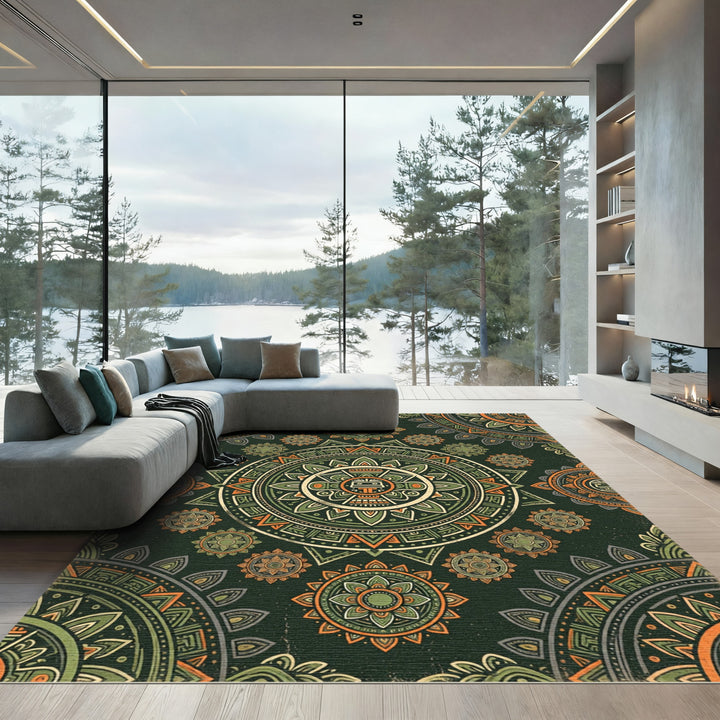 Ancient Sun Mandala Green Orange Rug