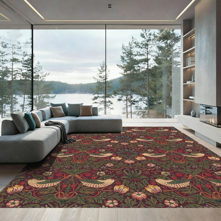 Burgundy Bird and Strawberry Garden Rug