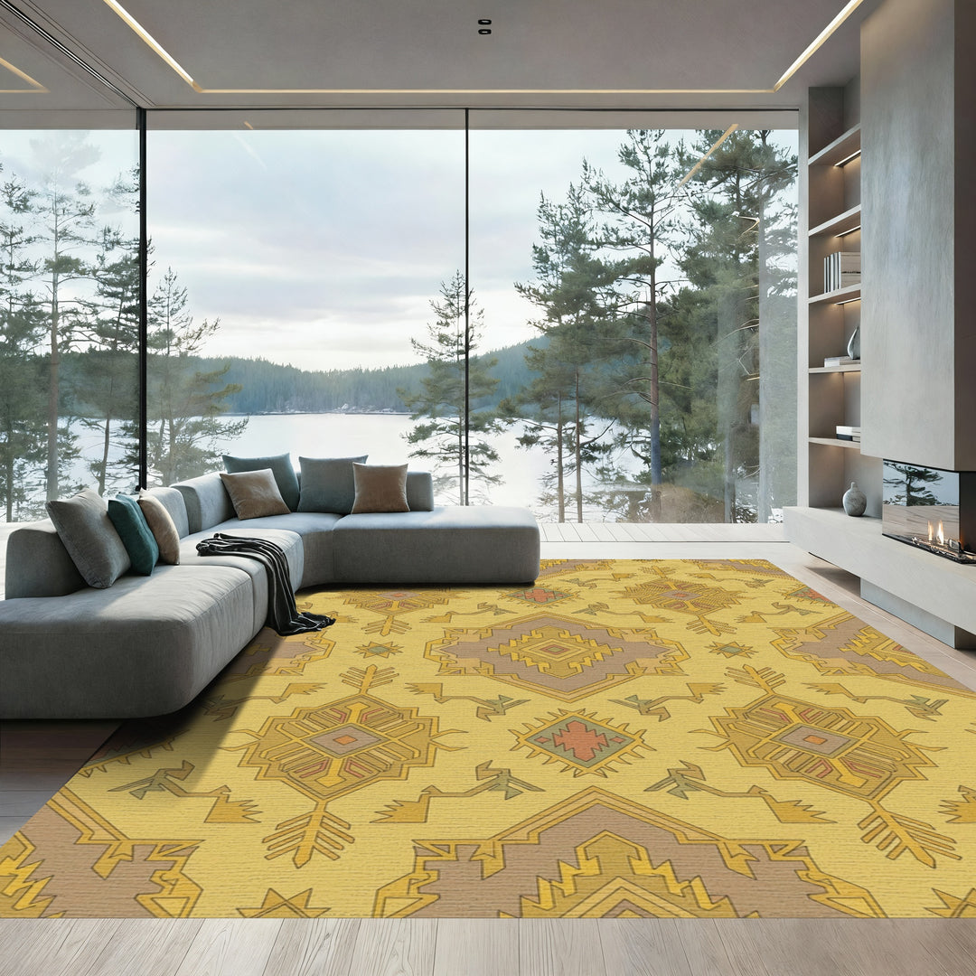 Golden Ochre Geometric Medallion Rug