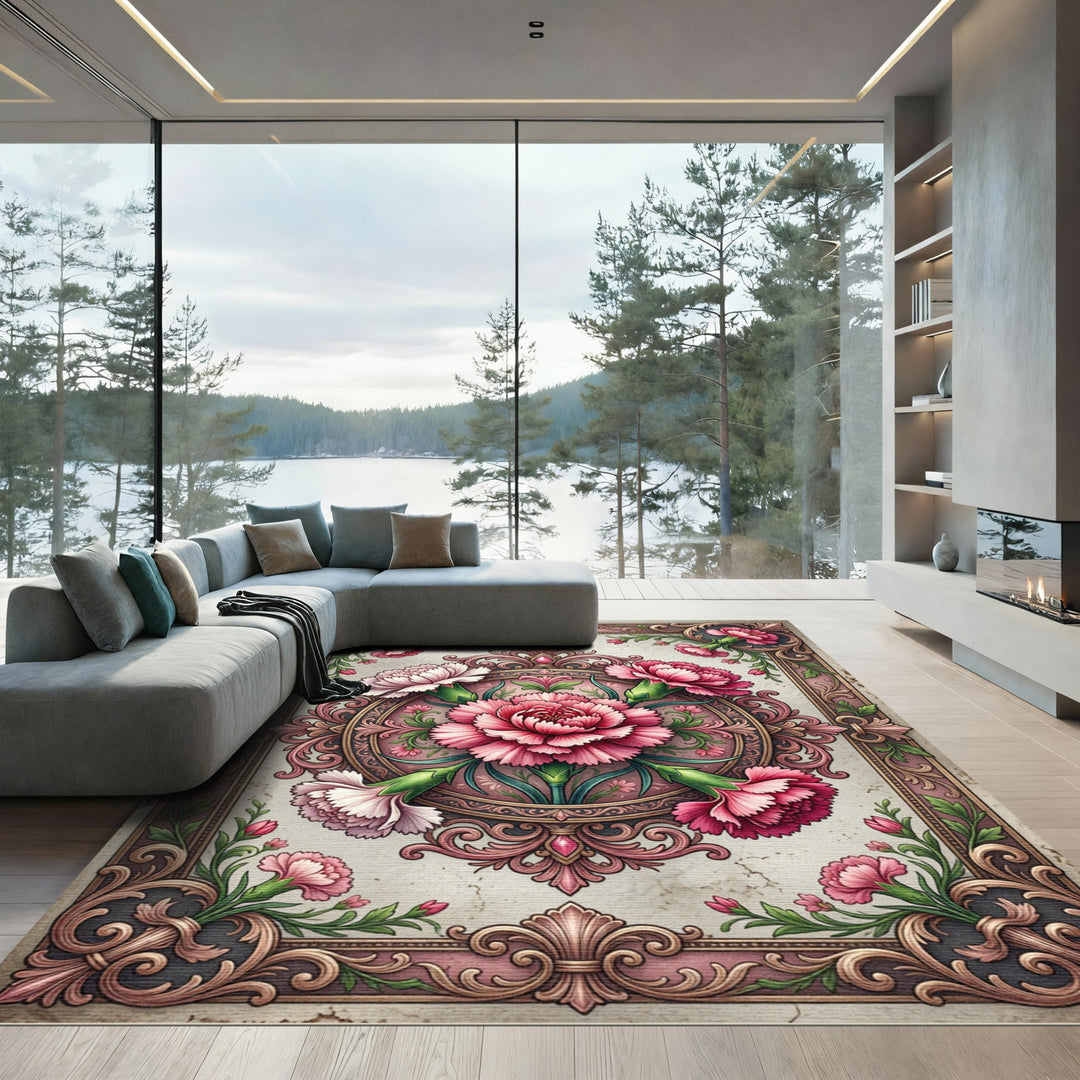 Vintage Pink Floral Carnation Frame Rug