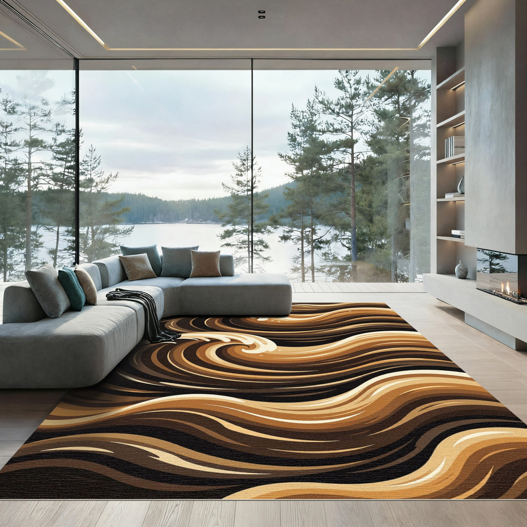Rich Brown Swirling Wave Rug