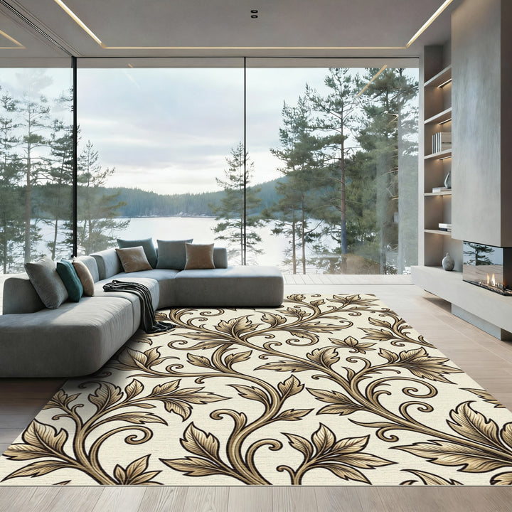 Elegant Golden Leaf Scroll Rug