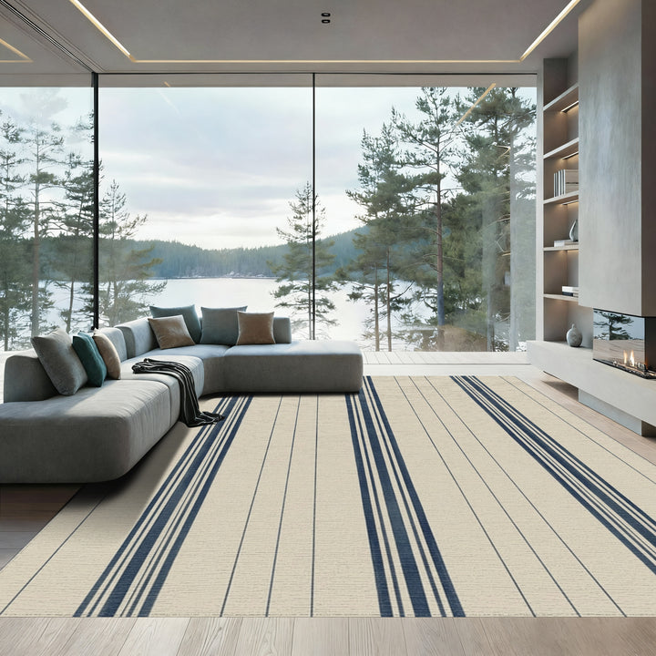 Classic Navy Blue Stripe Cream Rug