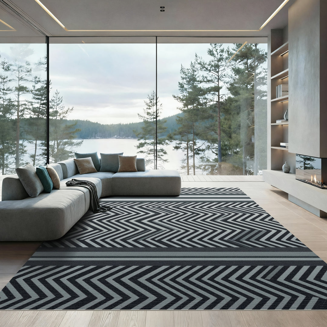 Modern Black White Geometric Chevron Rug