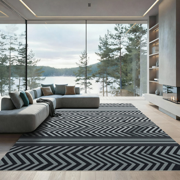 Modern Black White Geometric Chevron Rug