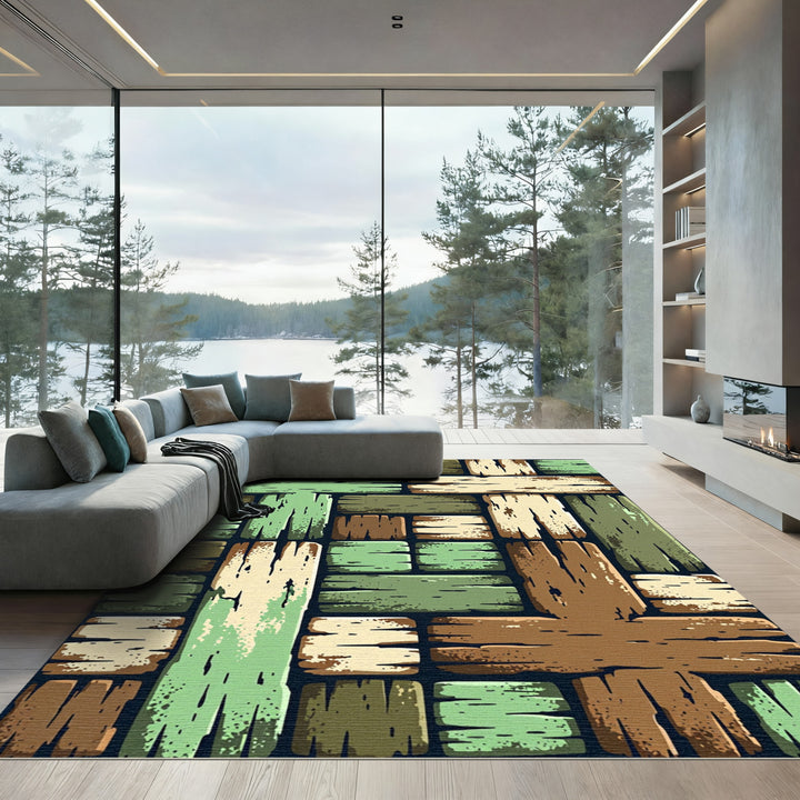 Rustic Wood Plank Patchwork Layout Rug