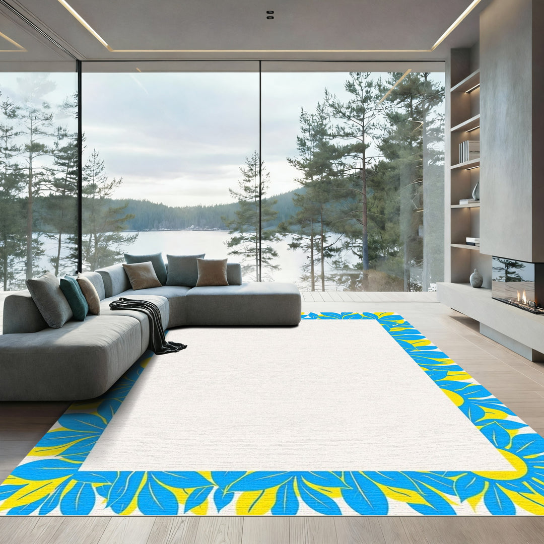 Bold Blue Yellow Floral Border Rug