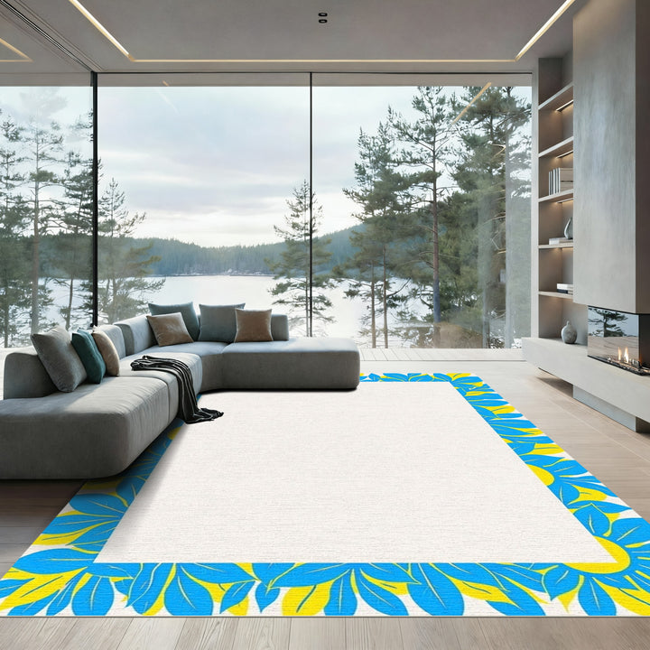 Bold Blue Yellow Floral Border Rug