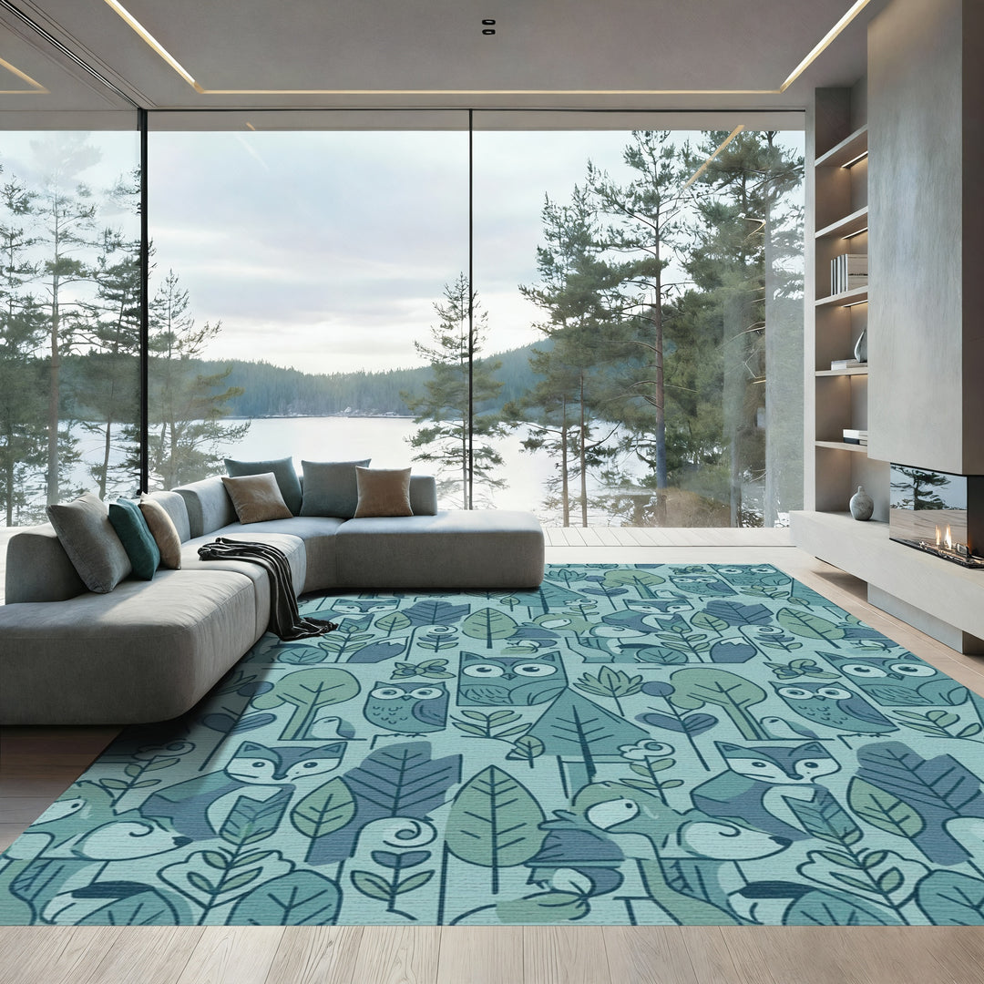 Muted Forest Animals Whimsical Woodland Scene Rug