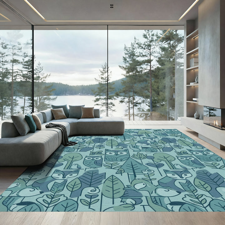 Muted Forest Animals Whimsical Woodland Scene Rug