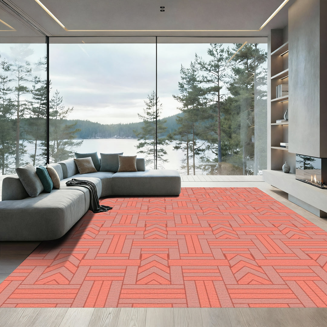 Coral Peach Geometric Interlocking Lines Rug