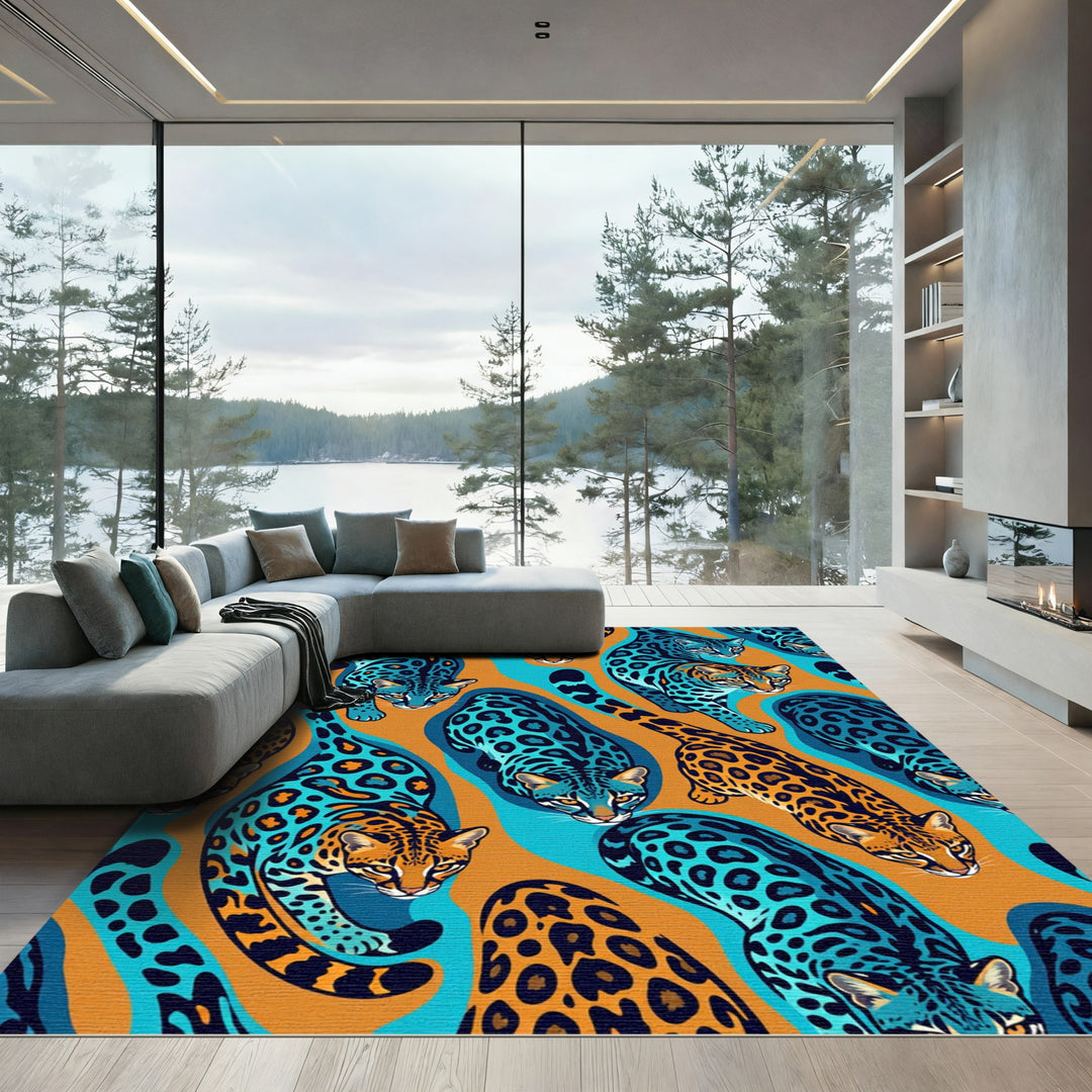 Vibrant Blue Jaguar Animal Artistry Rug