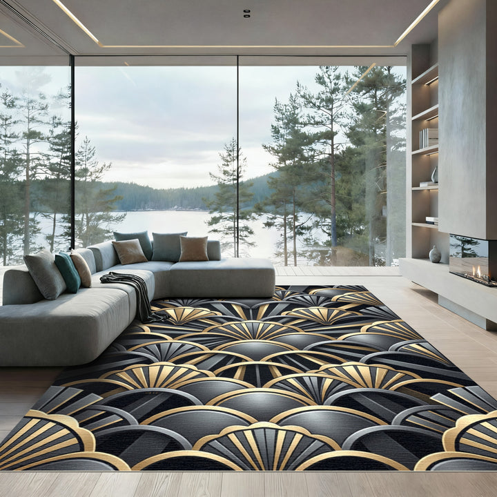 Art Deco Gold Black Fan Rug