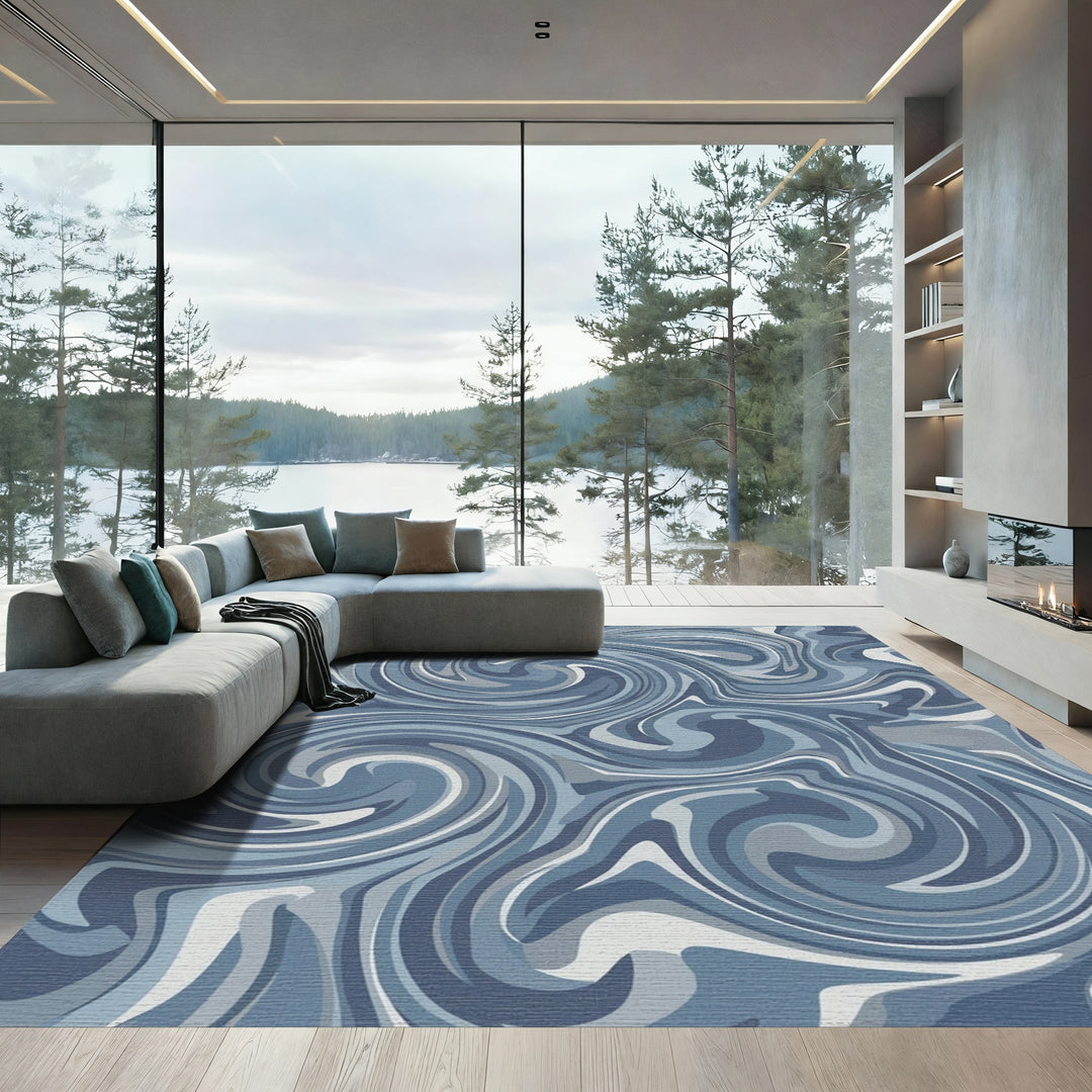 Abstract Blue Swirl Marbled Rug