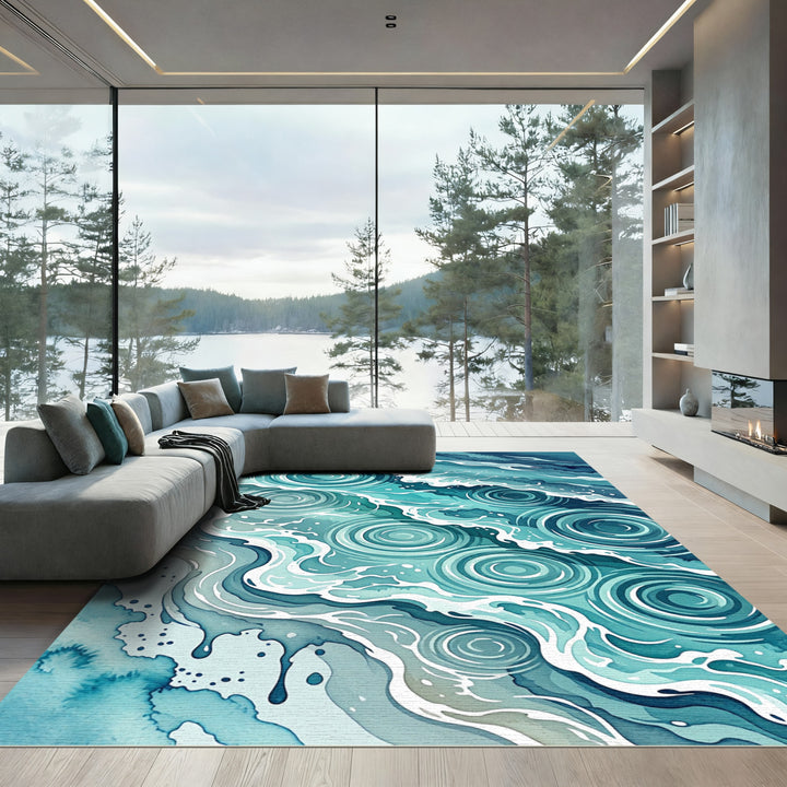 Turquoise Blue Watercolor Ripple Wave Rug