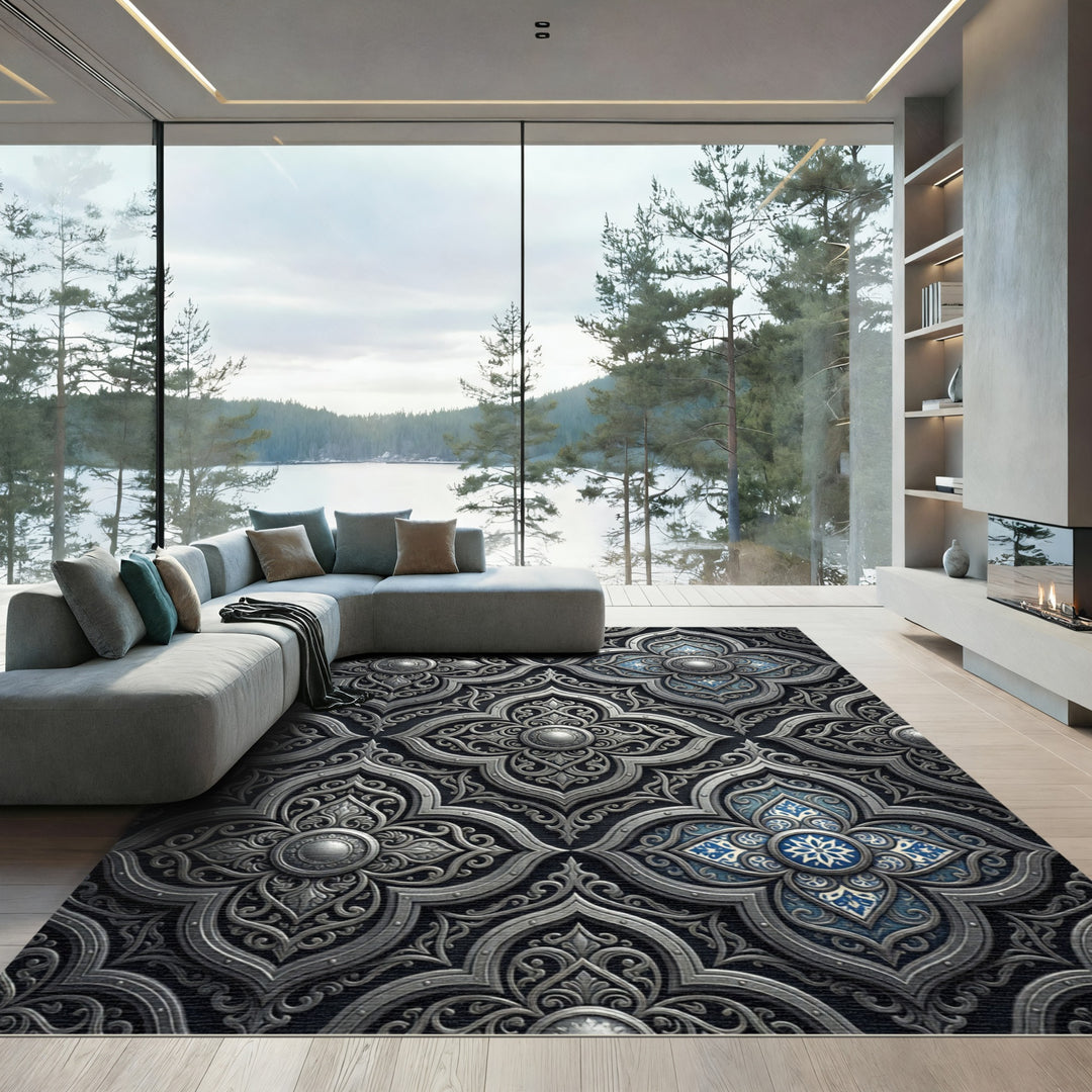 Ornate Silver Blue Floral Inlay Rug