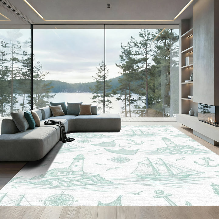 Nautical Lighthouse Sailboat Anchor Medallion Rug