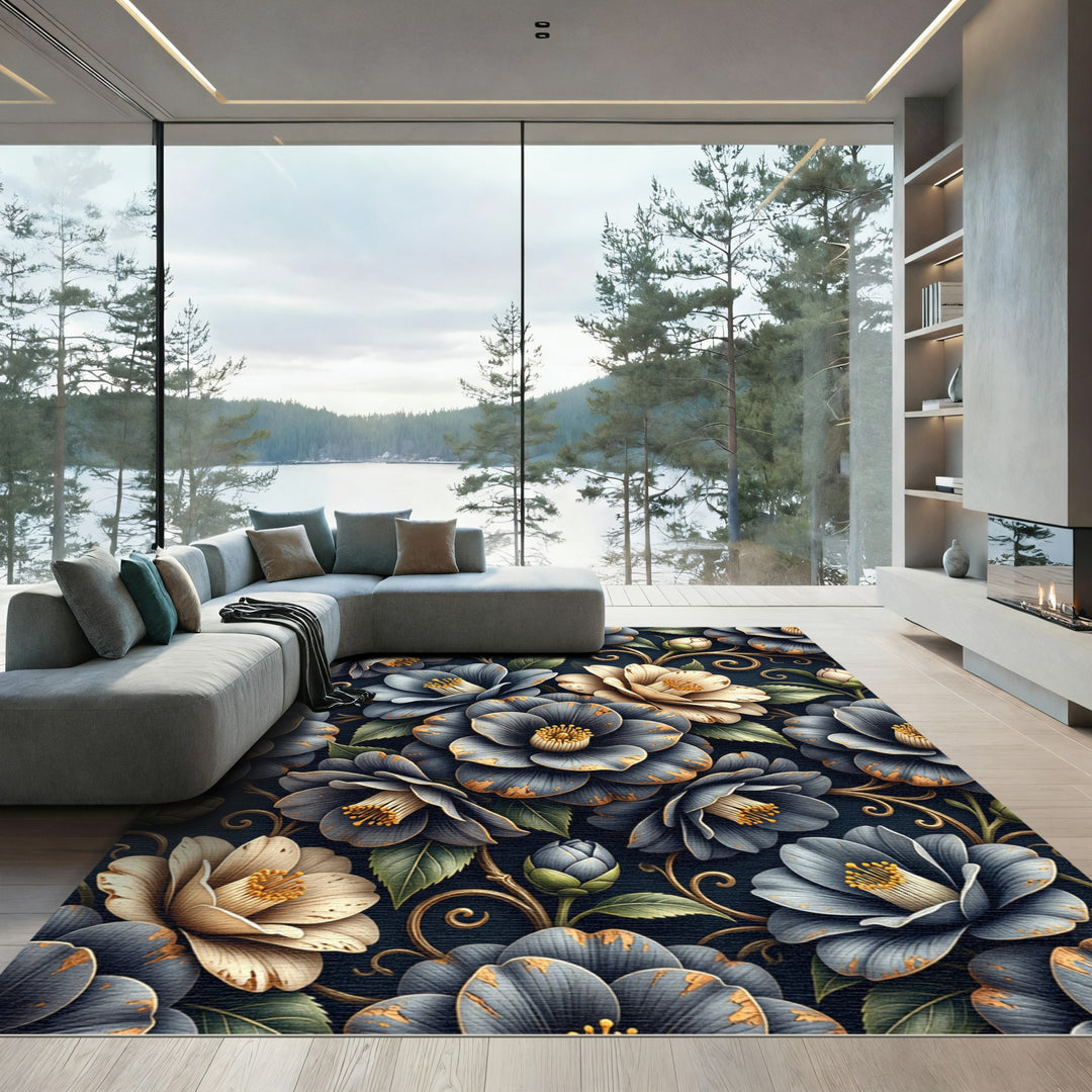 Dark Blue Floral Scroll Camellia Rug