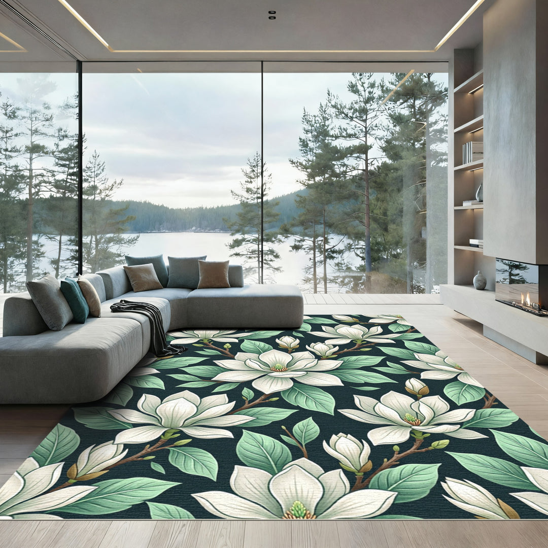 White Magnolia Blossom Botanical Mural Rug