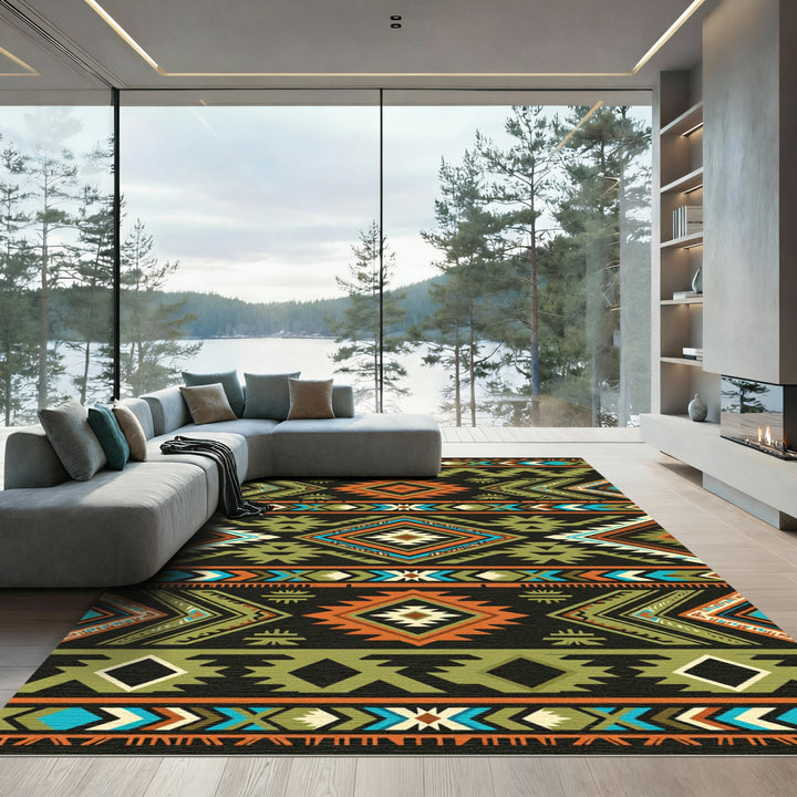 Tribal Orange Green Geometric Rug