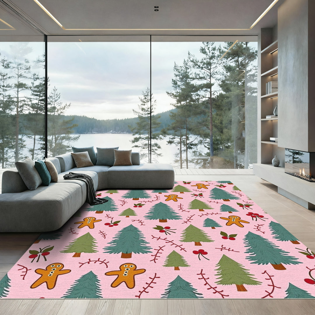 Pink Festive Holiday Trees Gingerbread Cookies Rug