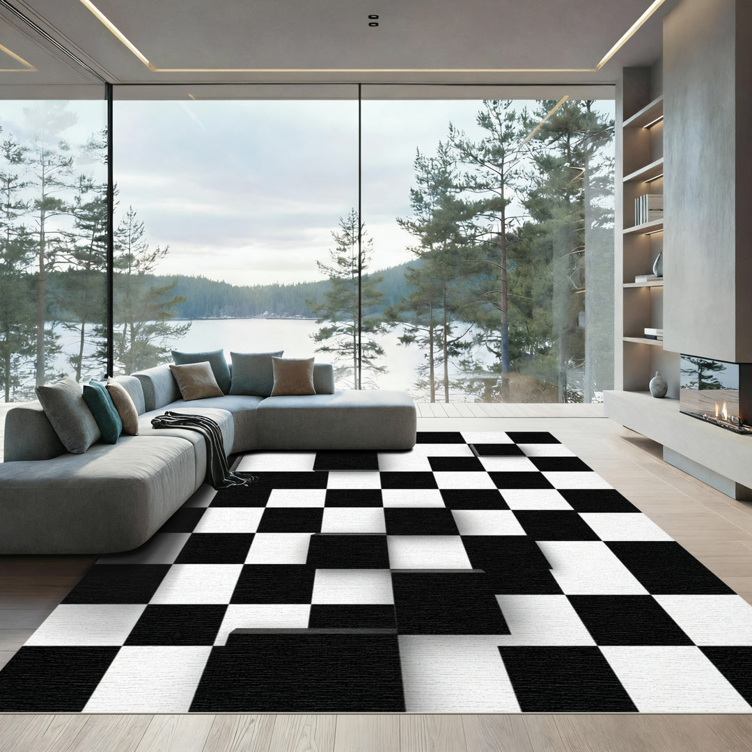 Monochromatic Cubist Chessboard Squares Rug