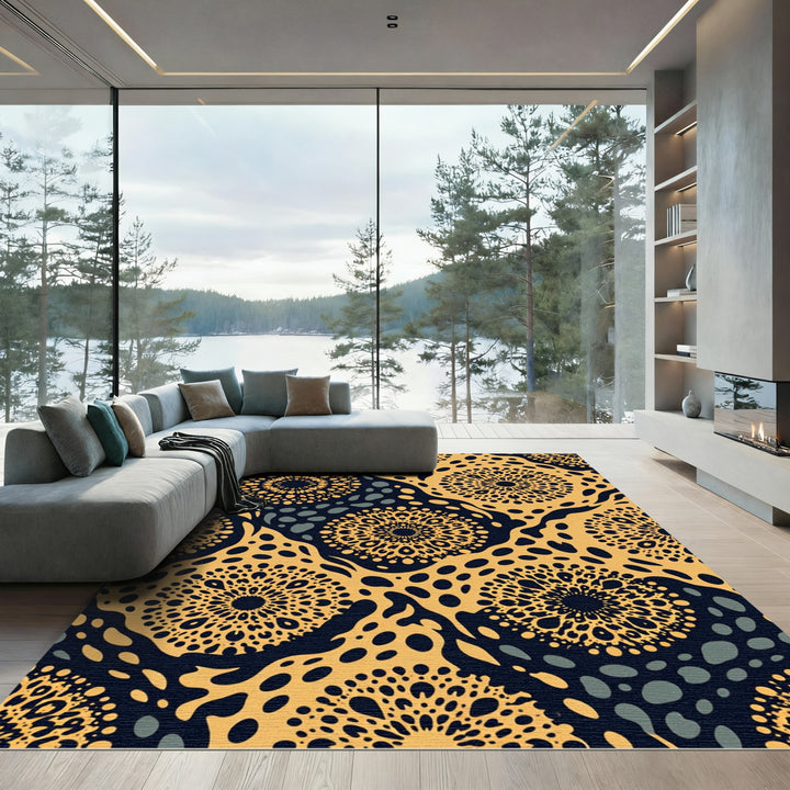 Golden Sunburst Abstract Mandala Rug