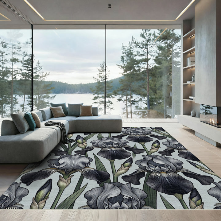 Gray Black Iris Floral Arrangement Rug