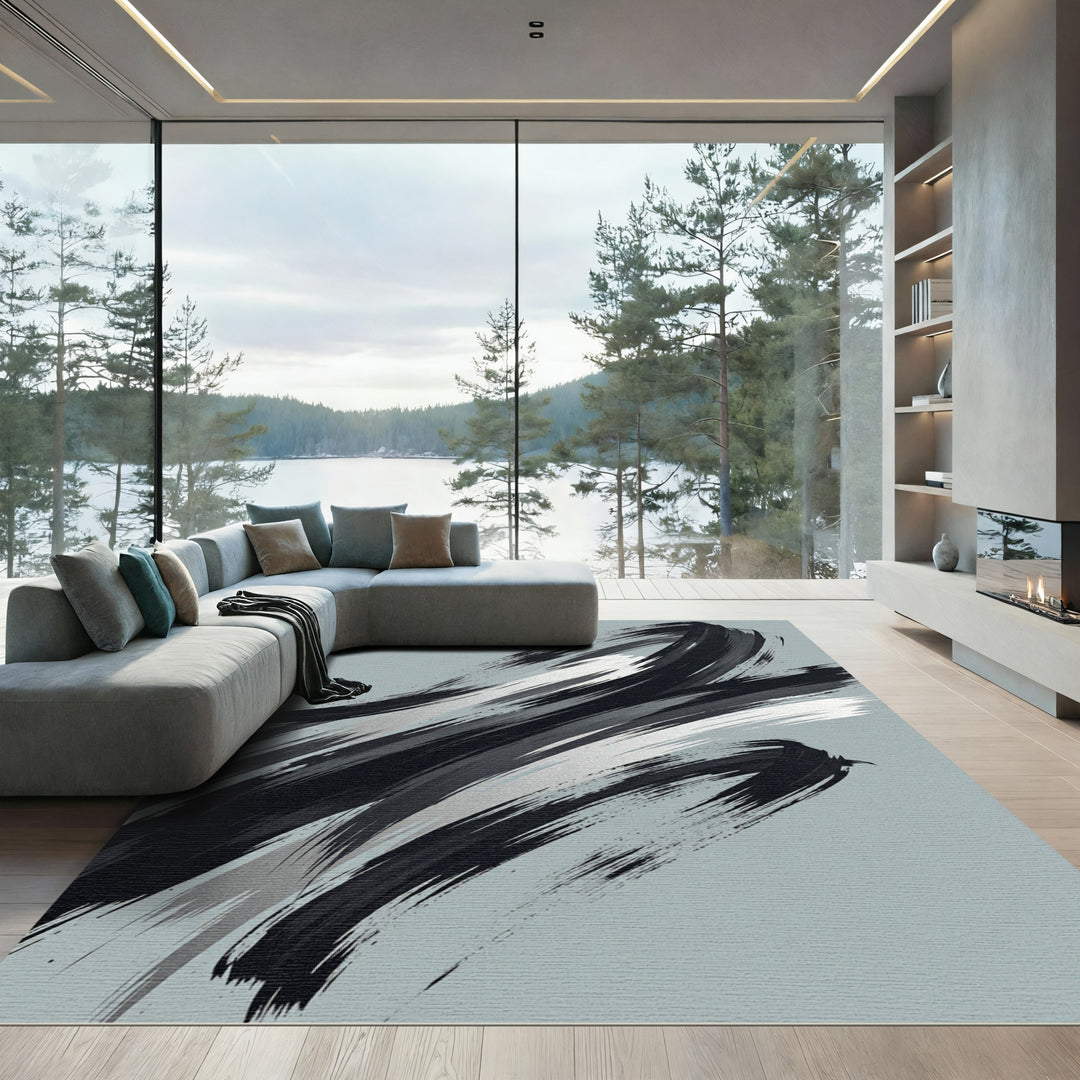 Abstract Black Silver Brushstrokes Rug